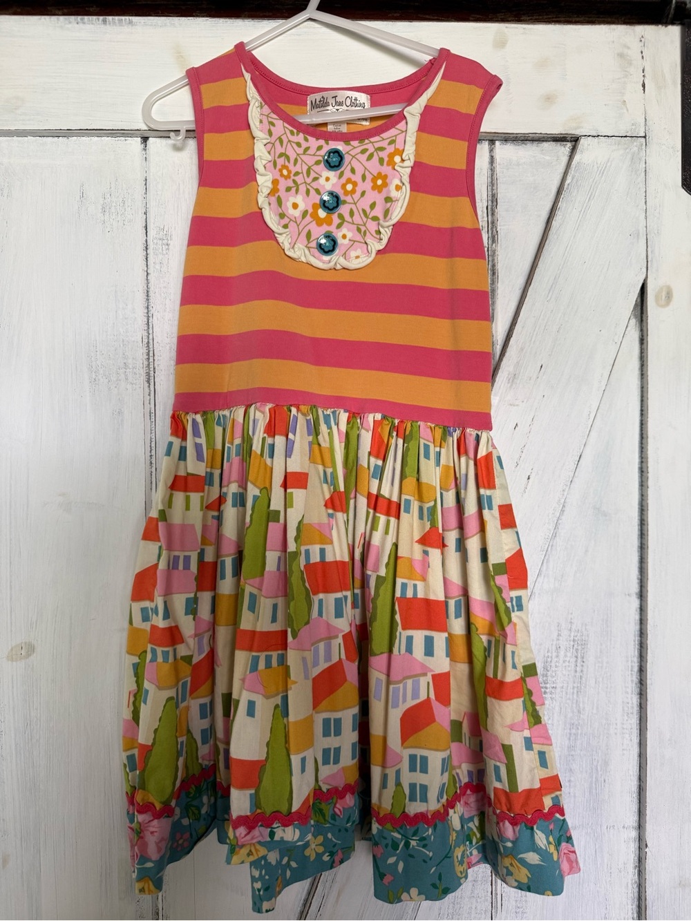 Matilda Jane Pink & Orange Striped Dress with Multi‑Color Village Skirt